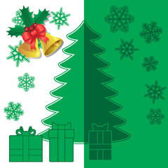 Christmas tree snowflakes boxes gifts bells on isolated green-white background. Vector image.