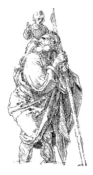 St. Christopher, 7th century,  vintage engraving.