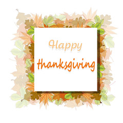 Happy Thanksgiving script with pumpkins and leaves vector illustration on white background