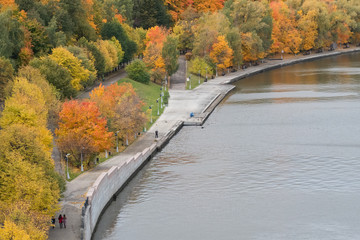 Autumn landscape. View at Vorobyovy Gory park and Moscow river. Moscow, Russia.