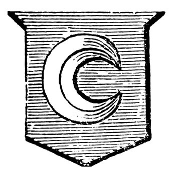Moon Decrescent are turned to the sinister side of the escutcheon, vintage engraving.