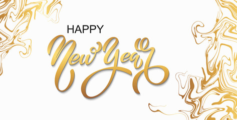 Fototapeta na wymiar Happy new year banner. Vector illustration of a happy new year in gold and black colors. Beautiful inscription. Background for the holiday.