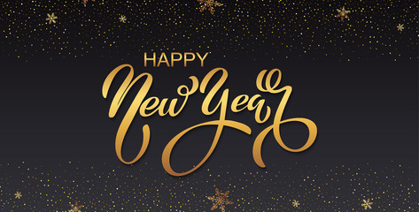Happy new year banner. Vector illustration of a happy new year in gold and black colors. Beautiful inscription. Background for the holiday.