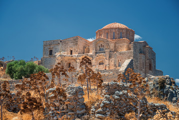 The Church of Agia Sophia on top of the plateau, with the sea in the Background in Monemvasia, Greece. 