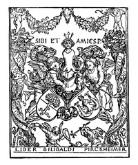 Pirkheimer's Bookplate includes the coat of arms of Pirkheimer and Rieter, vintage engraving.