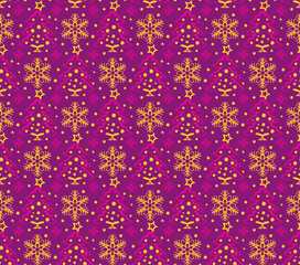 Decorative background. Seamless pattern with christmas tree and snowflakes. Purple color. Vector graphic