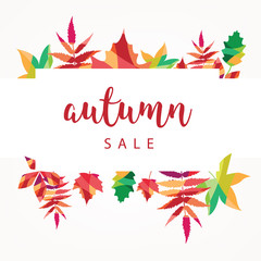 Autumn sale banner design with discount label for fall shopping promotion. Vector illustration.