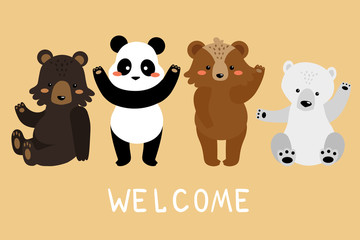 Welcome poster of cartoon cute illustrations with different species bears.