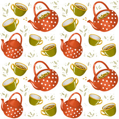 Seamless pattern with teapots, cups and leaves. Hand drawing vintage texture. Retro tea white background.