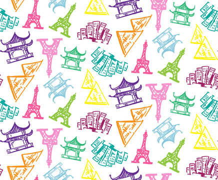Hand drawn doodle travel pattern background. Color wallpaper with sketch
