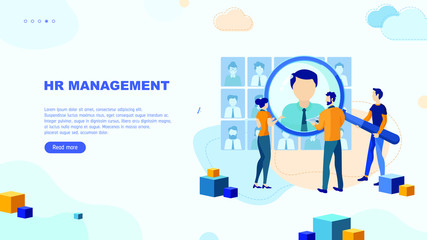 Trendy flat illustration. HR management page concept. Businessmen are looking for an employee. Open vacancy.  Discussion of the applicant. Interview. Human resources.Template for your design works.