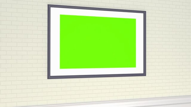 3D animation of a picture with a blank green isolated background on a brick wall of a room or office.