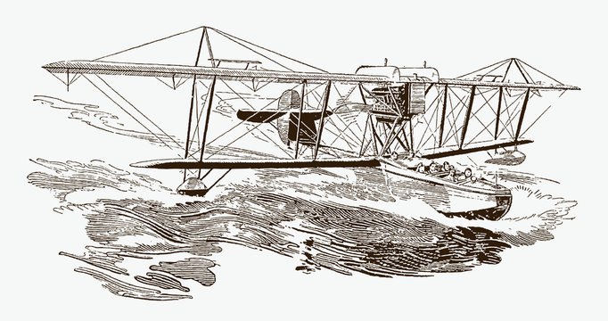 Historical flying boat landing on wavy water surface