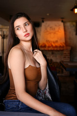 Portrait of a girl with red lips and atmospheric light