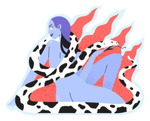 Fototapeta na wymiar Feminism, girl power, International Women's Day print. Vector illustration of naked young girl or woman holding snake or python which cover her body. Women self-confidence and wild beauty concept.