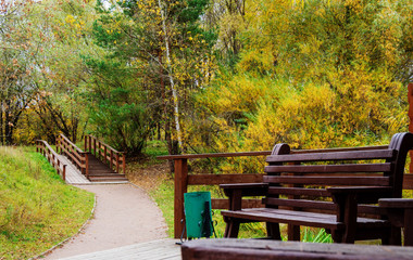 Fototapeta na wymiar Autumn, Park, bench, stairs.