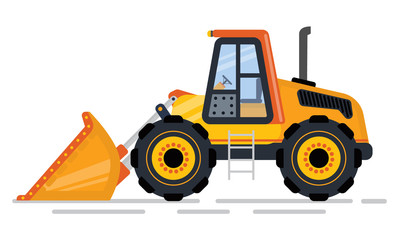 Obraz na płótnie Canvas Building and construction machinery in industry vector, isolated tractor. Machine with shovel, loader and mower bulldozer or excavator flat style