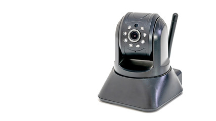 Close up black CCTV camera  macro photography isolated on white background.