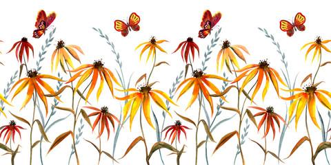 Seamless border from abstract rudbeckia flowers, grass and butterflies. Floral watercolor print for fabric and other designs on a white background. - obrazy, fototapety, plakaty