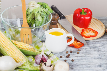 Still life from colored vegetables and mushrooms, blurred background