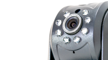 Close up black CCTV camera  macro photography isolated on white background