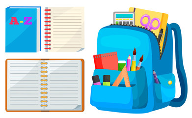 Fototapeta Full backpack, open notebook, back to school. Calculator and scissors, pen and pencil, tassel and ruler, empty page of book, chancery symbol vector. Back to school concept. Flat cartoon obraz