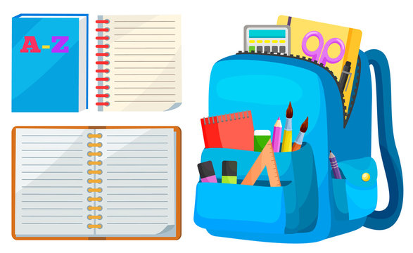 Full backpack, open notebook, back to school. Calculator and scissors, pen and pencil, tassel and ruler, empty page of book, chancery symbol vector. Back to school concept. Flat cartoon