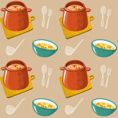 Seamless hand drawn pattern with soup pot and plate