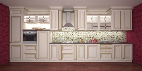 Furniture. Kitchen interior bright colors. 3 D illustration.