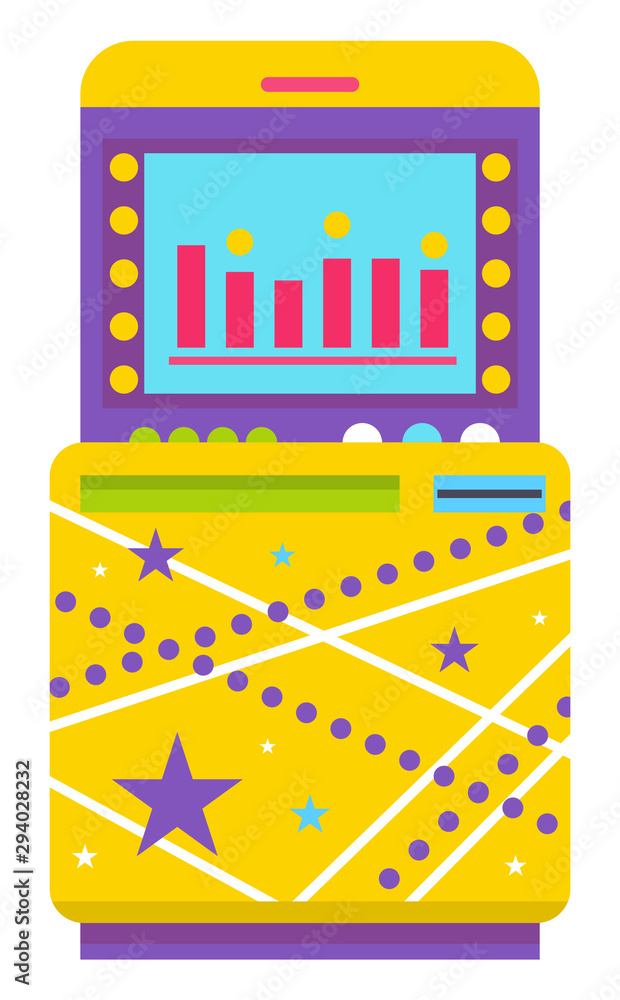 Poster game machine vector, isolated machinery for playing games. object decorated with stars and lines, in
