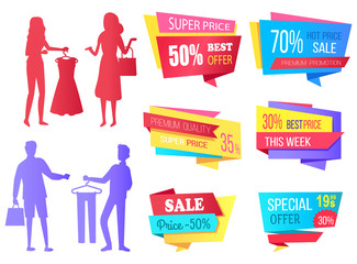 People shopping at store vector, silhouette of man and woman with bags. Super sale best choice, premium quality products. Discounts and offers banners. Business sale stikers. Flat cartoon