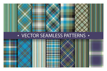 Set plaid pattern seamless. Tartan patterns fabric texture. Checkered geometric vector background. Scottish stripe blanket backdrop - obrazy, fototapety, plakaty