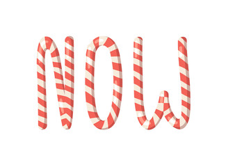 Cartoon vector illustration Christmas Candy Cane. Hand drawn font. Actual Creative Holidays sweet alphabet and word NOW