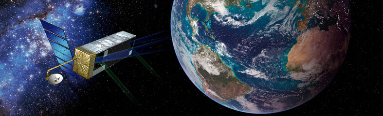 NASA's Terrestrial Planet Finder flying next to the planet earth in the space Elements of this image furnished by NASA