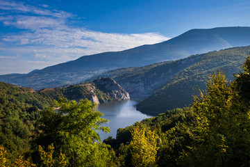 River surrounded by the hills and mountains. Vrbas river in Bosnia and Herzegovina.