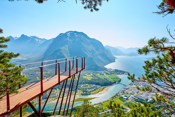 Observation deck Rampestreken in Andalsnes, Norway. Beautiful view on the mountains, the city and the fjords. Tourist place in Norway.