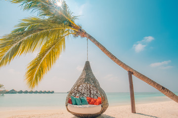 Beautiful tropical Maldives beach under cloudy sky with swings or hammock on coconut palm. Luxury...