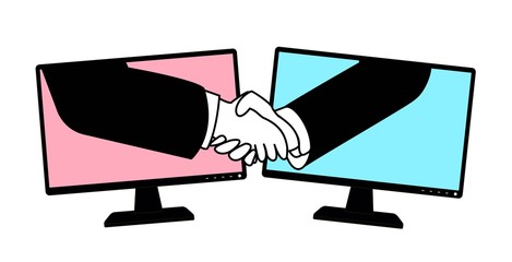 electronic contract. handshake through the monitor screen. flat design adapted for websites and mobile applications. vector image.