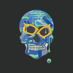 blue/green skull with metal accents and orange glasses; dia de los muertos inspired, scary yet fun