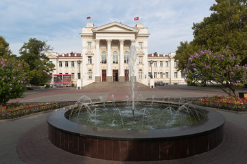 Fountain on Primorsky Boulevard near the Sevastopol Palace of Children and Youth Creativity in the early morning, Crimea