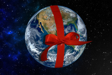 Planet Earth with red ribbon 