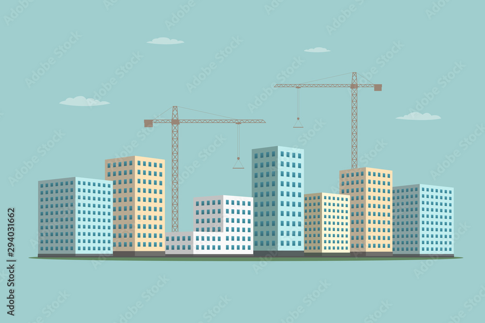 Sticker Construction cranes and buildings. Cartoon style. Vector.