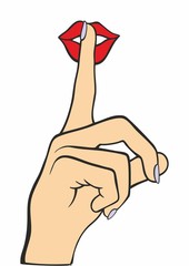With finger on her lips, shows an index finger in front of her lips a asking for silence. Quiet please, shhh, w finger to nose making shush sound