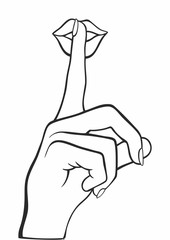 With finger on her lips, shows an index finger in front of her lips a asking for silence. Quiet please, shhh, w finger to nose making shush sound