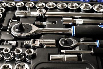 Set of tools in black case. Car mechanic