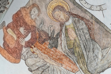 Medieval fresco of the Nativity of Jesus