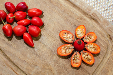 frische gesunde Hagebutten aufgeschnitten mit Messer auf Holzbrett