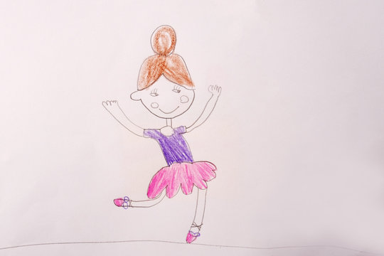 Children's drawing with colored pencils - girl ballerina. A childhood dream of becoming a ballerina.