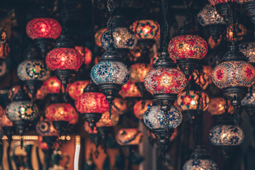 Famous Turkish lamps or lanterns. Shop with traditional mosaic multi colored souvenir from Turkey.