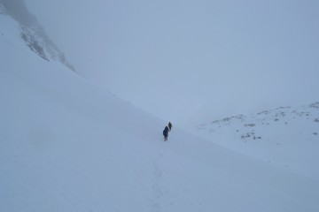 Tatra mountains, Slovakia - FEBRUARY 22, 2019: Group of friends is trying to find the way through the blizzard. Cold high mountains, lost path. Way to hut under Rysy.